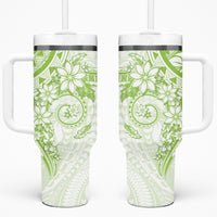 Lime Green Polynesian Pattern With Plumeria Flowers Tumbler With Handle