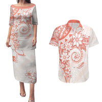 Polynesian Pattern With Plumeria Flowers Couples Matching Puletasi and Hawaiian Shirt Orange Peach LT05 Peach - Polynesian Pride