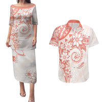 Polynesian Pattern With Plumeria Flowers Couples Matching Puletasi and Hawaiian Shirt Orange Peach