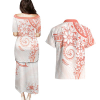 Polynesian Pattern With Plumeria Flowers Couples Matching Puletasi and Hawaiian Shirt Orange Peach LT05 - Polynesian Pride