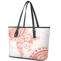 Polynesian Pattern With Plumeria Flowers Leather Tote Bag Orange Peach