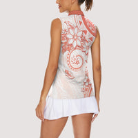 Polynesian Pattern With Plumeria Flowers Women Sleeveless Polo Shirt Orange Peach
