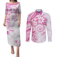 Polynesian Pattern With Plumeria Flowers Couples Matching Puletasi and Long Sleeve Button Shirt Pink LT05 Pink - Polynesian Pride