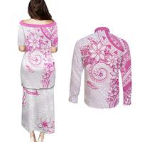 Polynesian Pattern With Plumeria Flowers Couples Matching Puletasi and Long Sleeve Button Shirt Pink LT05 - Polynesian Pride