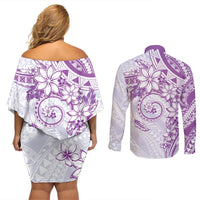 Polynesian Pattern With Plumeria Flowers Couples Matching Off Shoulder Short Dress and Long Sleeve Button Shirt Purple