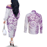 Polynesian Pattern With Plumeria Flowers Couples Matching Off The Shoulder Long Sleeve Dress and Long Sleeve Button Shirt Purple