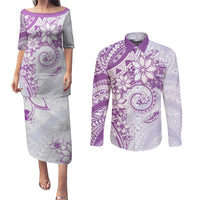Polynesian Pattern With Plumeria Flowers Couples Matching Puletasi and Long Sleeve Button Shirt Purple LT05 Purple - Polynesian Pride