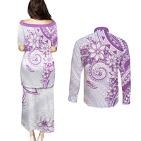Polynesian Pattern With Plumeria Flowers Couples Matching Puletasi and Long Sleeve Button Shirt Purple LT05 - Polynesian Pride