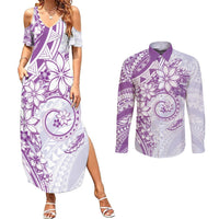 Polynesian Pattern With Plumeria Flowers Couples Matching Summer Maxi Dress and Long Sleeve Button Shirt Purple