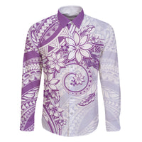 Polynesian Pattern With Plumeria Flowers Family Matching Off Shoulder Short Dress and Hawaiian Shirt Purple