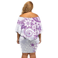 Polynesian Pattern With Plumeria Flowers Off Shoulder Short Dress Purple