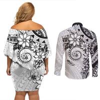 Polynesian Pattern With Plumeria Flowers Couples Matching Off Shoulder Short Dress and Long Sleeve Button Shirt White LT05 - Polynesian Pride