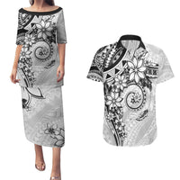 Polynesian Pattern With Plumeria Flowers Couples Matching Puletasi and Hawaiian Shirt White LT05 White - Polynesian Pride