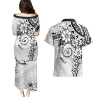 Polynesian Pattern With Plumeria Flowers Couples Matching Puletasi and Hawaiian Shirt White LT05 - Polynesian Pride