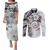 Polynesian Pattern With Plumeria Flowers Couples Matching Puletasi and Long Sleeve Button Shirt White LT05 White - Polynesian Pride