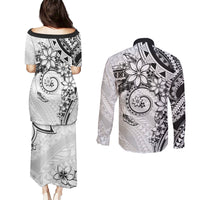 Polynesian Pattern With Plumeria Flowers Couples Matching Puletasi and Long Sleeve Button Shirt White