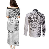 Polynesian Pattern With Plumeria Flowers Couples Matching Puletasi and Long Sleeve Button Shirt White LT05 - Polynesian Pride