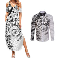 Polynesian Pattern With Plumeria Flowers Couples Matching Summer Maxi Dress and Long Sleeve Button Shirt White LT05 White - Polynesian Pride