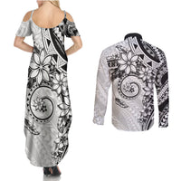 Polynesian Pattern With Plumeria Flowers Couples Matching Summer Maxi Dress and Long Sleeve Button Shirt White LT05 - Polynesian Pride
