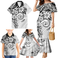 Polynesian Pattern With Plumeria Flowers Family Matching Mermaid Dress and Hawaiian Shirt White
