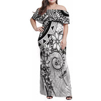 Polynesian Pattern With Plumeria Flowers Family Matching Off Shoulder Maxi Dress and Hawaiian Shirt White
