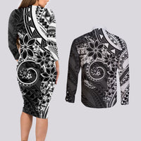 Polynesian Pattern With Plumeria Flowers Couples Matching Long Sleeve Bodycon Dress and Long Sleeve Button Shirt Black