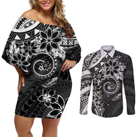 Polynesian Pattern With Plumeria Flowers Couples Matching Off Shoulder Short Dress and Long Sleeve Button Shirt Black LT05 Black - Polynesian Pride