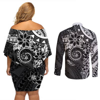 Polynesian Pattern With Plumeria Flowers Couples Matching Off Shoulder Short Dress and Long Sleeve Button Shirt Black LT05 - Polynesian Pride