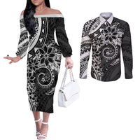 Polynesian Pattern With Plumeria Flowers Couples Matching Off The Shoulder Long Sleeve Dress and Long Sleeve Button Shirt Black