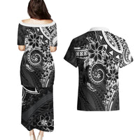 Polynesian Pattern With Plumeria Flowers Couples Matching Puletasi and Hawaiian Shirt Black LT05 - Polynesian Pride