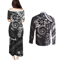 Polynesian Pattern With Plumeria Flowers Couples Matching Puletasi and Long Sleeve Button Shirt Black LT05 - Polynesian Pride