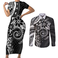 Polynesian Pattern With Plumeria Flowers Couples Matching Short Sleeve Bodycon Dress and Long Sleeve Button Shirt Black