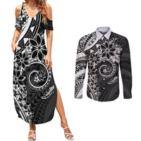 Polynesian Pattern With Plumeria Flowers Couples Matching Summer Maxi Dress and Long Sleeve Button Shirt Black LT05 Black - Polynesian Pride