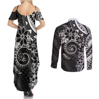 Polynesian Pattern With Plumeria Flowers Couples Matching Summer Maxi Dress and Long Sleeve Button Shirt Black LT05 - Polynesian Pride