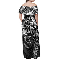 Polynesian Pattern With Plumeria Flowers Off Shoulder Maxi Dress Black
