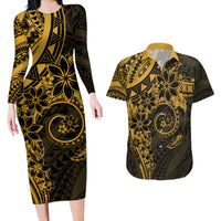 Polynesian Sunset Plumeria Couples Matching Long Sleeve Bodycon Dress and Hawaiian Shirt Gold Polynesian Tattoo