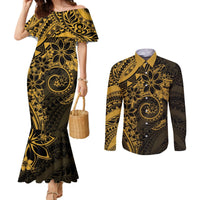 Polynesian Sunset Plumeria Couples Matching Mermaid Dress and Long Sleeve Button Shirt Gold Polynesian Tattoo LT05 Gold - Polynesian Pride