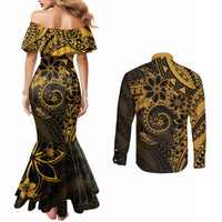 Polynesian Sunset Plumeria Couples Matching Mermaid Dress and Long Sleeve Button Shirt Gold Polynesian Tattoo LT05 - Polynesian Pride
