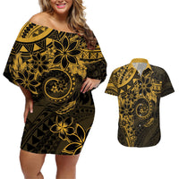 Polynesian Sunset Plumeria Couples Matching Off Shoulder Short Dress and Hawaiian Shirt Gold Polynesian Tattoo LT05 Gold - Polynesian Pride