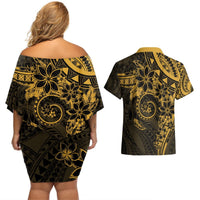 Polynesian Sunset Plumeria Couples Matching Off Shoulder Short Dress and Hawaiian Shirt Gold Polynesian Tattoo LT05 - Polynesian Pride