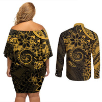 Polynesian Sunset Plumeria Couples Matching Off Shoulder Short Dress and Long Sleeve Button Shirt Gold Polynesian Tattoo