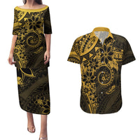 Polynesian Sunset Plumeria Couples Matching Puletasi and Hawaiian Shirt Gold Polynesian Tattoo LT05 Gold - Polynesian Pride