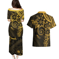 Polynesian Sunset Plumeria Couples Matching Puletasi and Hawaiian Shirt Gold Polynesian Tattoo LT05 - Polynesian Pride
