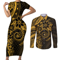 Polynesian Sunset Plumeria Couples Matching Short Sleeve Bodycon Dress and Long Sleeve Button Shirt Gold Polynesian Tattoo