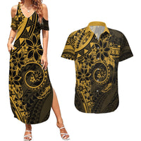 Polynesian Sunset Plumeria Couples Matching Summer Maxi Dress and Hawaiian Shirt Gold Polynesian Tattoo LT05 Gold - Polynesian Pride