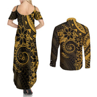 Polynesian Sunset Plumeria Couples Matching Summer Maxi Dress and Long Sleeve Button Shirt Gold Polynesian Tattoo