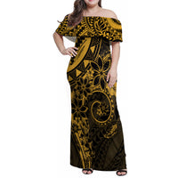 Polynesian Sunset Plumeria Family Matching Off Shoulder Maxi Dress and Hawaiian Shirt Gold Polynesian Tattoo
