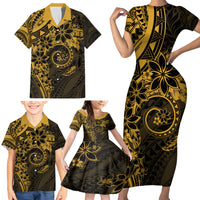 Polynesian Sunset Plumeria Family Matching Short Sleeve Bodycon Dress and Hawaiian Shirt Gold Polynesian Tattoo