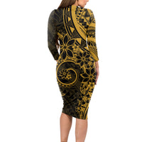 Polynesian Sunset Plumeria Long Sleeve Bodycon Dress Gold Polynesian Tattoo