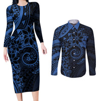 Polynesian Sunset Plumeria Couples Matching Long Sleeve Bodycon Dress and Long Sleeve Button Shirt Navy Polynesian Tattoo